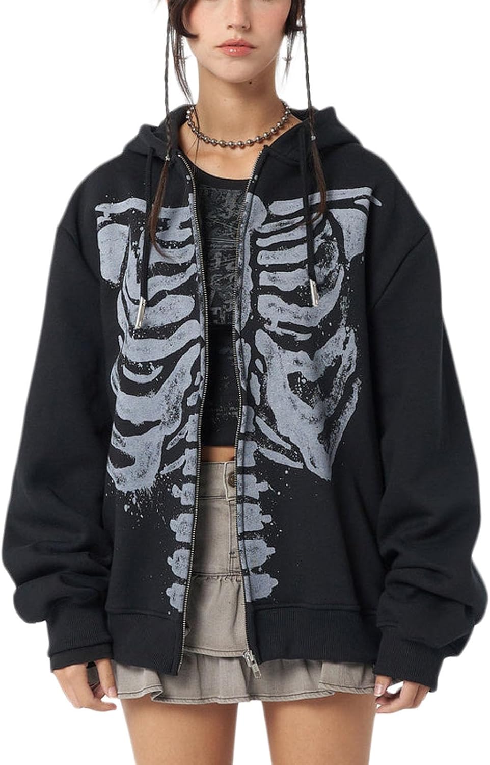 71hB382M-0L._AC_SL1500_.jpg Women Men Zip Up Hoodie Oversized Skeleton Graphic Hoodies Jacket Aesthetic Vintage Gothic Sweatshirt - Image 1