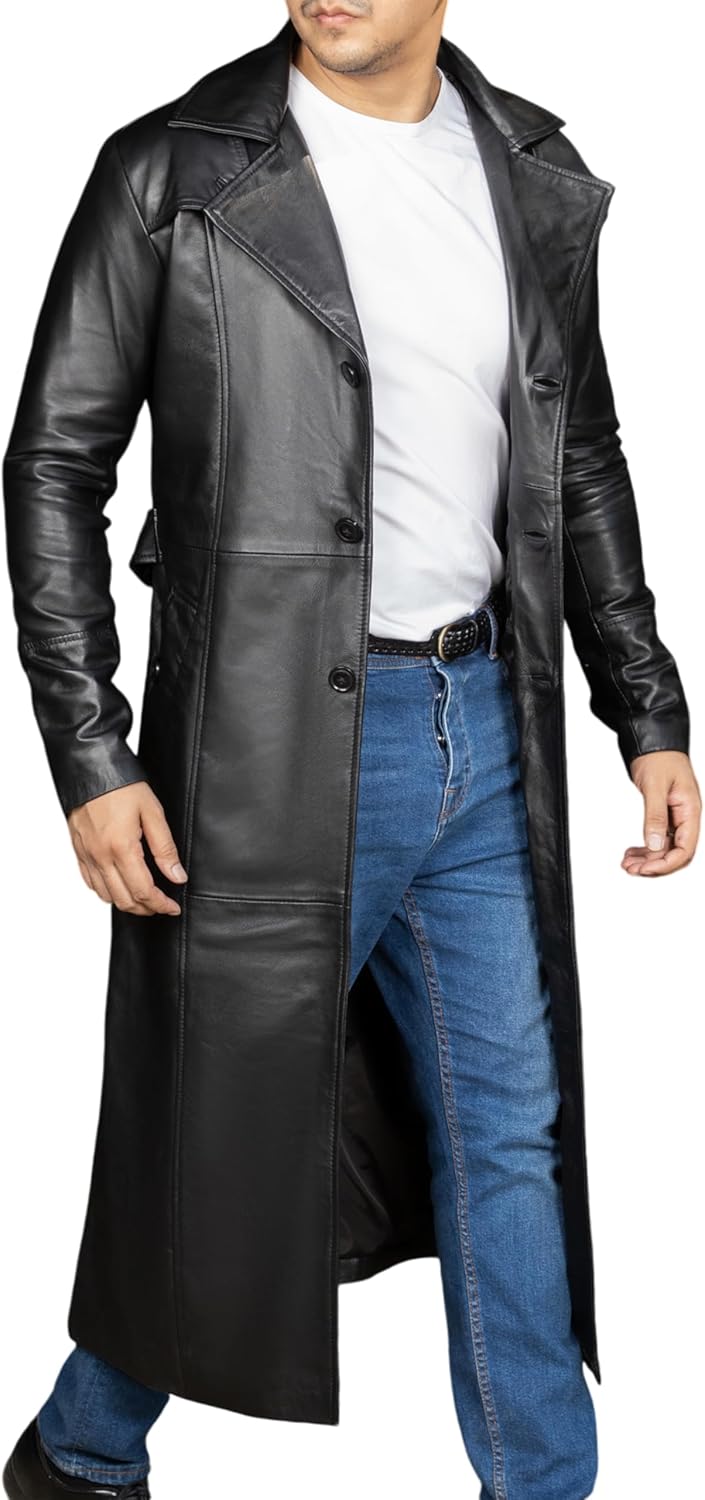71in8NVcm6L._AC_SL1500_.jpg Vintage Classic Leather Trench Coat Men - Full Length Duster Overcoat Lambskin Leather Long Coats for Men - Image 1