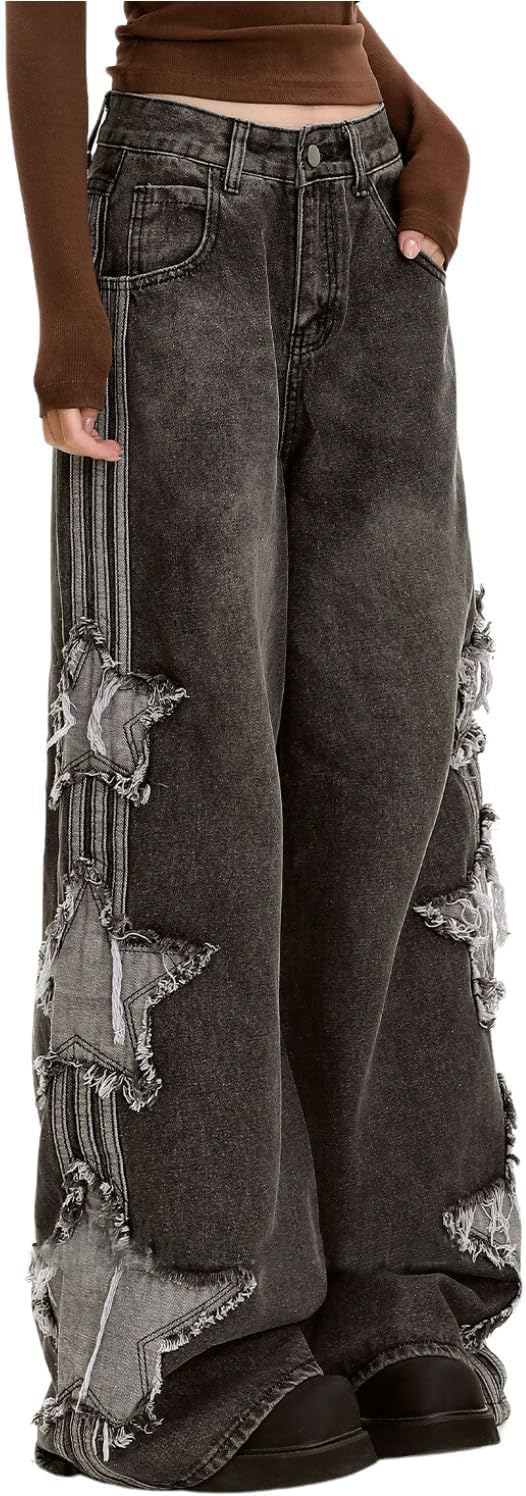 71tyYMhiYyL._AC_SL1500_.jpg Baggy Jeans for Woman Girls Star Patchwork High Waist Cute Jeans Streetwear Loose Pants Clothing - Image 1