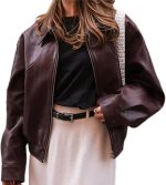 Leather Jacket Women Faux Leather Motorcycle Jacket Zip Up Bomber Jacket Coat Outerwear
