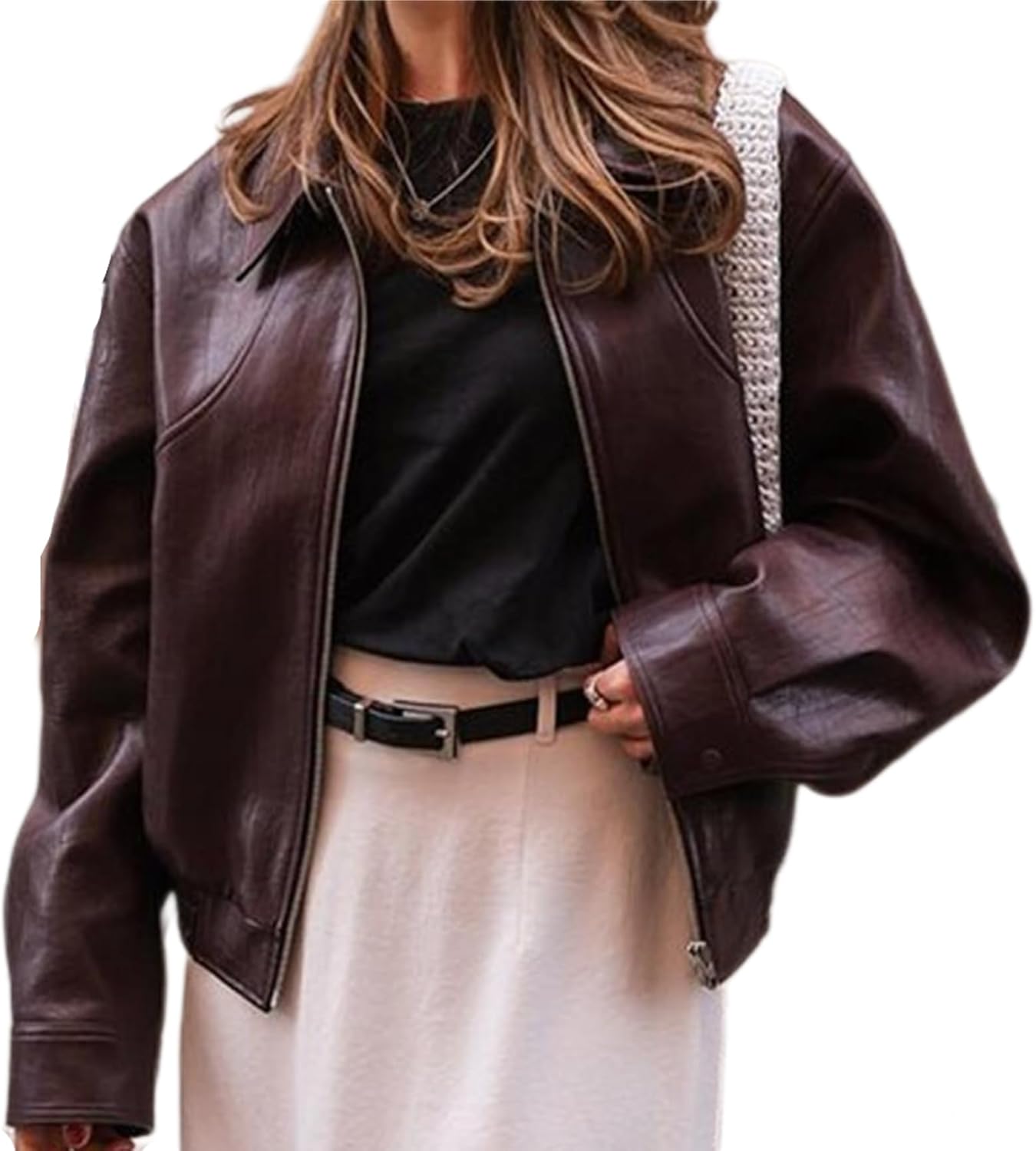 71utU81JdOL._AC_SL1500_.jpg Leather Jacket Women Faux Leather Motorcycle Jacket Zip Up Bomber Jacket Coat Outerwear - Image 1