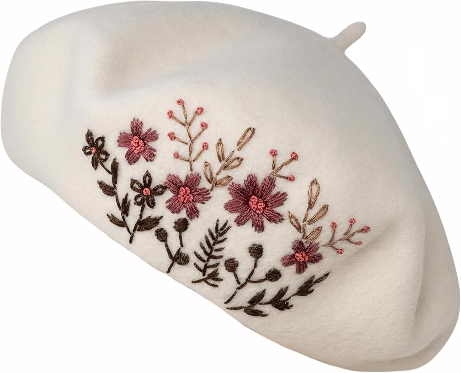 71weosqryaL._AC_SL1500_.jpg Wool Beret with Hand Stitch Flower Embroidery Design, Unique Premium Winter Headwear - Image 1