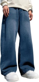 Mens Hip Hop Baggy Jeans Wide Leg Stylish Skater Jeans Casual Loose Fit Denim Pants Streetwear