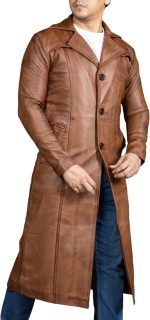 Vintage Classic Leather Trench Coat Men - Full Length Duster Overcoat Lambskin Leather Long Coats for Men