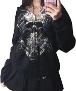 Women Men  Zip Up Hoodie Oversized Skeleton Graphic Hoodies Jacket Aesthetic Vintage Gothic  Sweatshirt