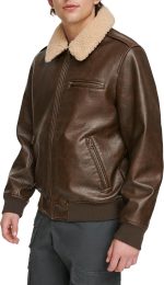 men Faux Leather Aviator Bomber Jacket with Sherpa Collar - Image 2