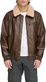 men Faux Leather Aviator Bomber Jacket with Sherpa Collar
