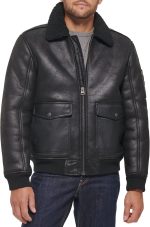 mens Faux Leather Aviator Bomber Jacket With Sherpa Lined Collar