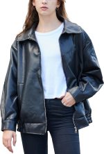 Women Oversized Faux Leather Motocycle Jacket Zip Up Outwear Coat with Pockets - Image 2