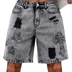 Men Graphic Baggy Denim Shorts Ripped Zipper Jean Bermuda Shorts with Pockets