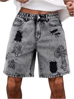 Men Graphic Baggy Denim Shorts Ripped Zipper Jean Bermuda Shorts with Pockets