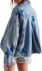 Women Casual Denim Jacket d Leopard Stars Printed Boyfriend Vintage Jean Jacket Coat with Pockets