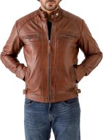 Vintage Brown Mens Leather Jacket - Quilted Motorcycle Style Lambskin Leather Jacket Men - Image 2