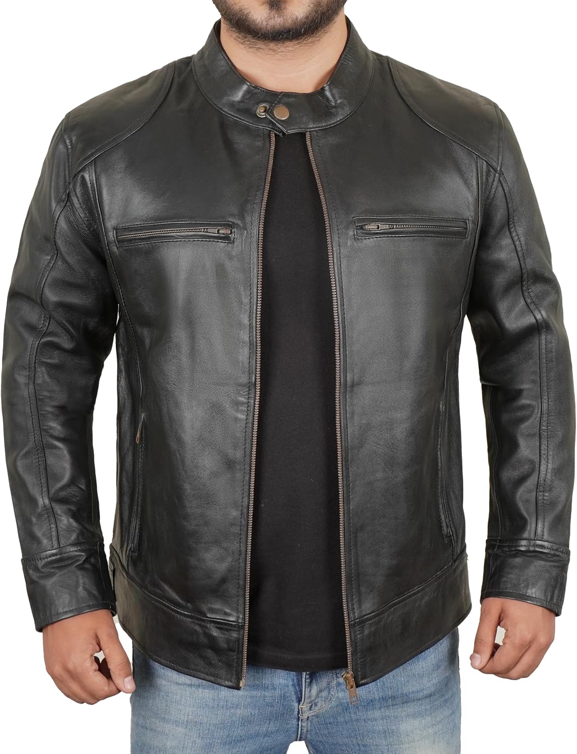 91W2Rv5X5UL._AC_SL1500_.jpg Real Lambskin Leather Jacket Men - Biker Style Zip Up Mens Motorcycle Jackets Outerwear - Image 1