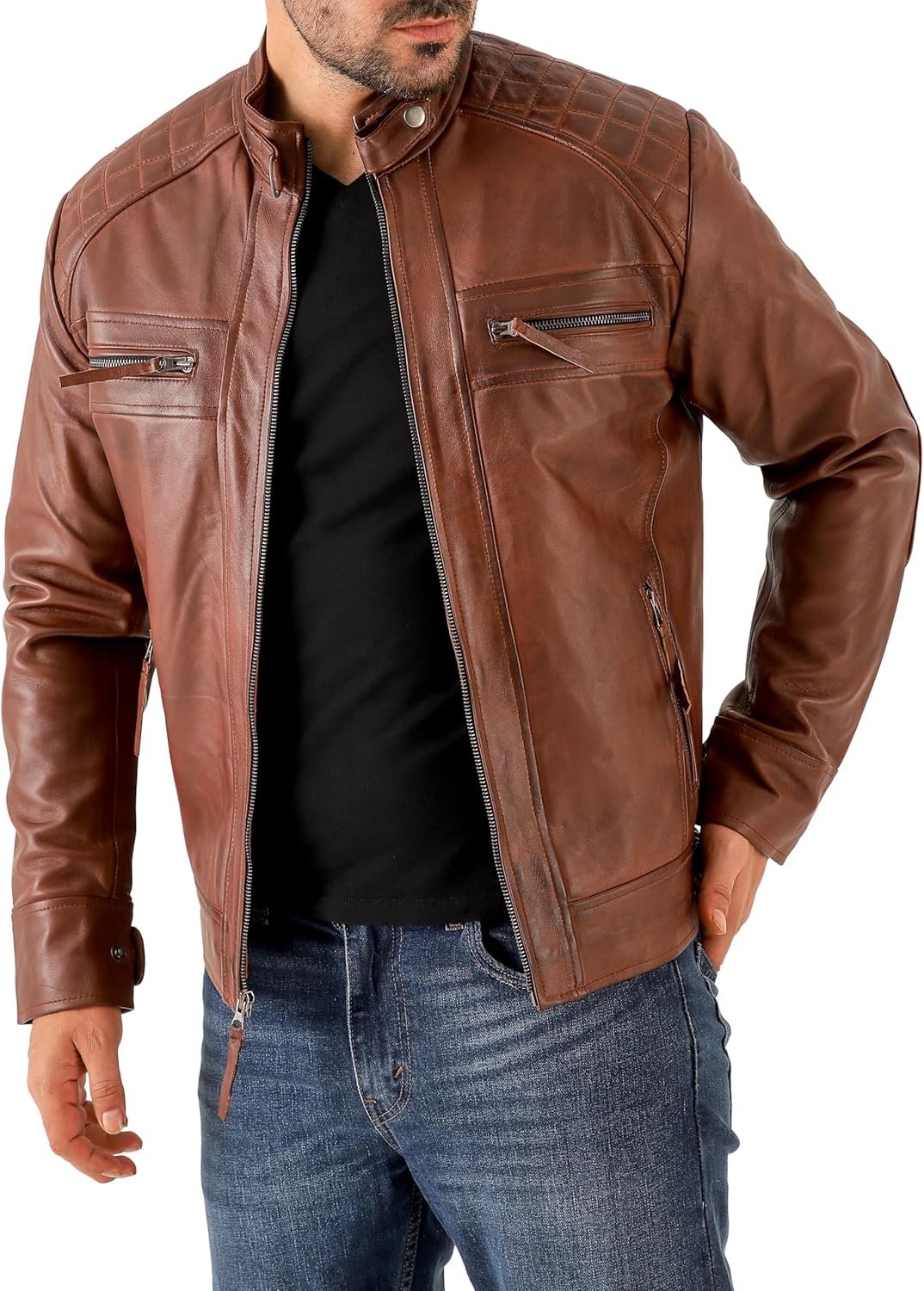 91wL1thoaRL._AC_SL1500_.jpg Vintage Brown Mens Leather Jacket - Quilted Motorcycle Style Lambskin Leather Jacket Men - Image 1